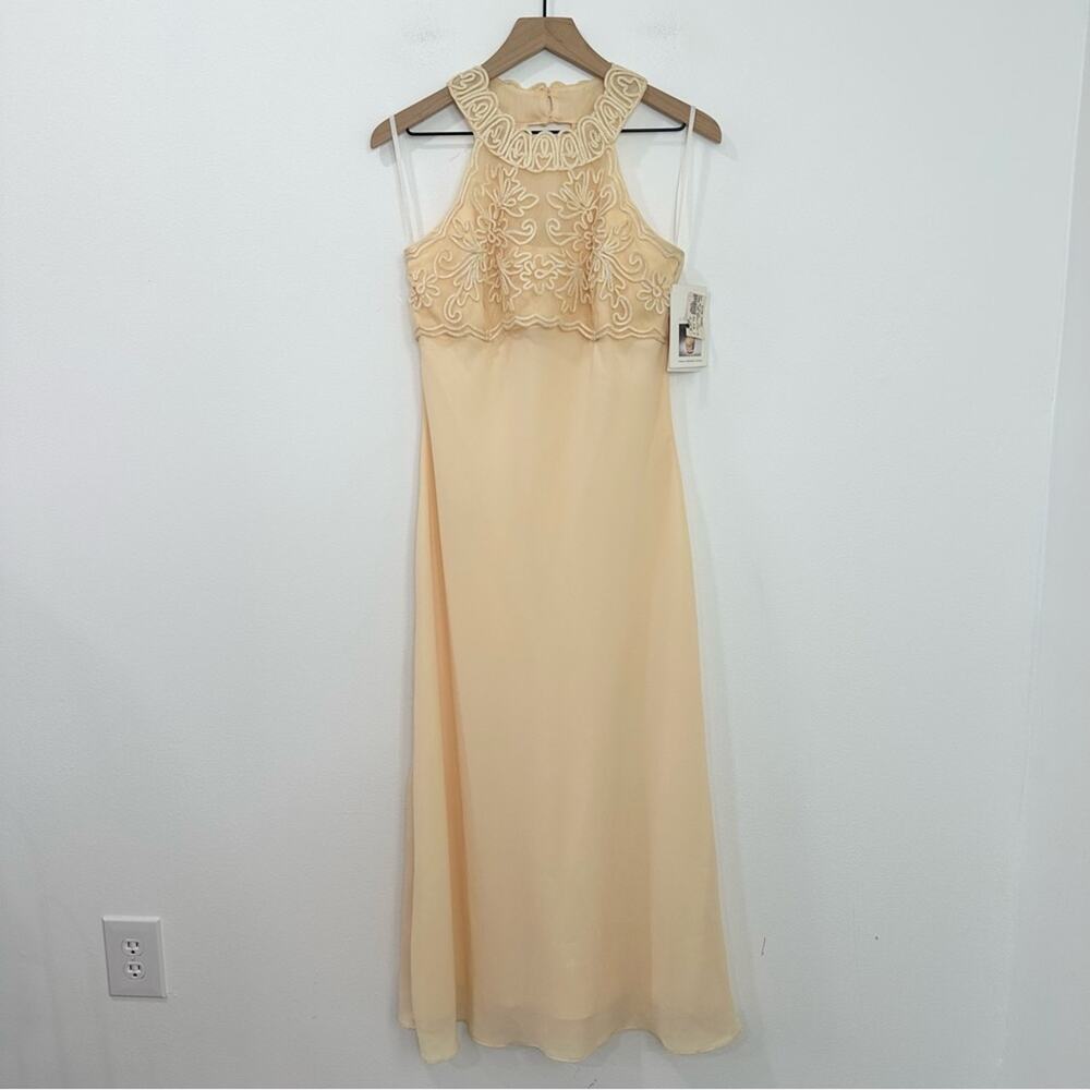 Vintage 90s Gunne Sax Jessica McClintock Chiffon Gown High Neck Embroidered 9 10